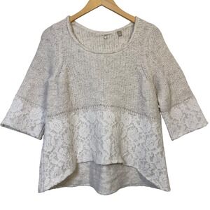 Knitted & Knotted Sweater Medium P‎ Ivory Lace Trim Bell Sleeve Anthropologie